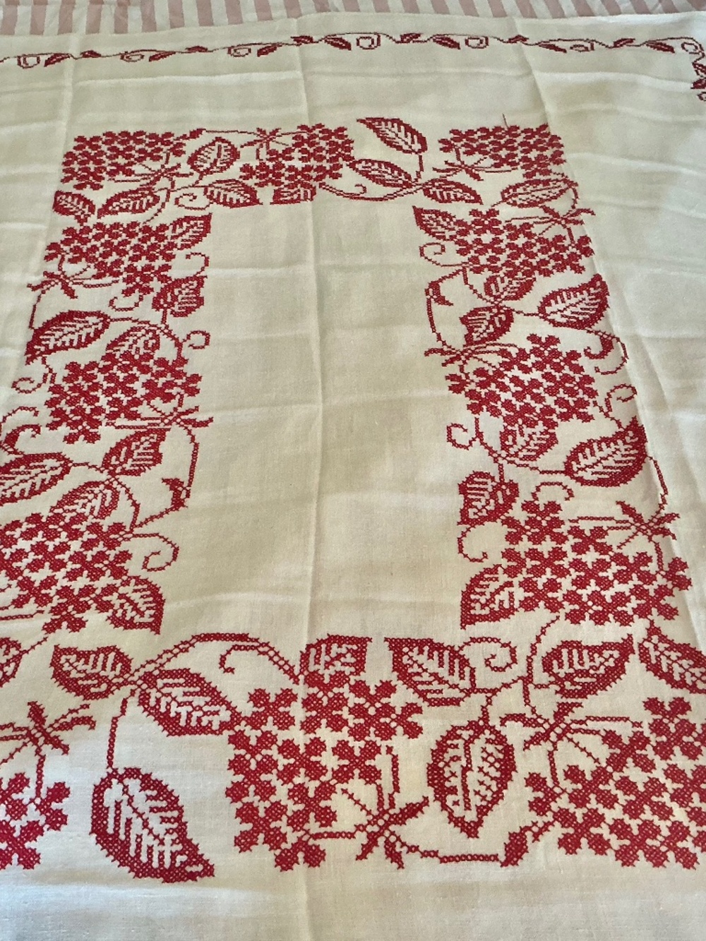 Vintage Hand Embroidered Linen Tablecloth Red Floral Cross Stitch 64x50